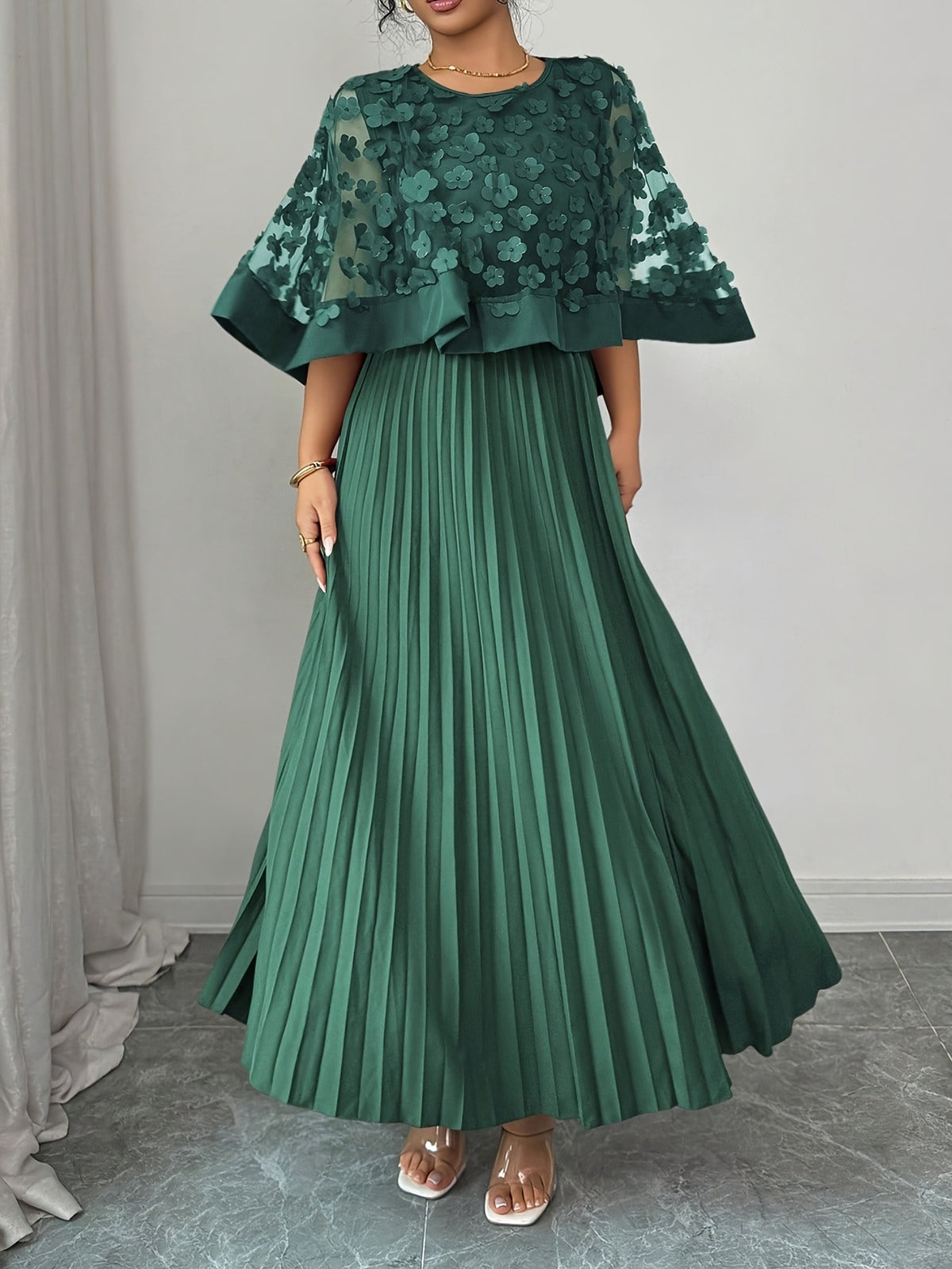 Elegant Plus Size Mesh Tulle Cape Spliced Midi Dress