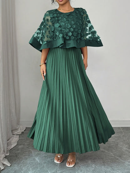 Elegant Plus Size Mesh Tulle Cape Spliced Midi Dress