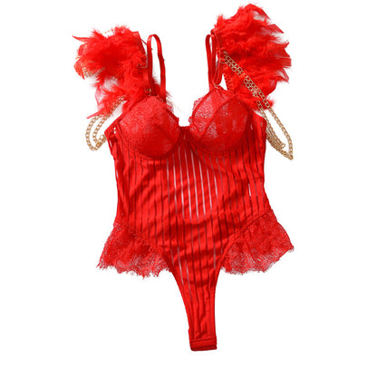 Lace patchwork vertical mesh U-shaped backless feather shaping one-piece outfit with a fun touch