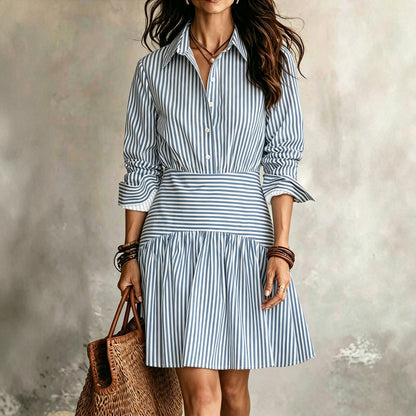 Elegant Fitted Ruffle Hem Long Sleeve Collar Stripe Shirt Dress Mini Skirt