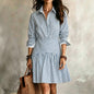 Elegant Fitted Ruffle Hem Long Sleeve Collar Stripe Shirt Dress Mini Skirt