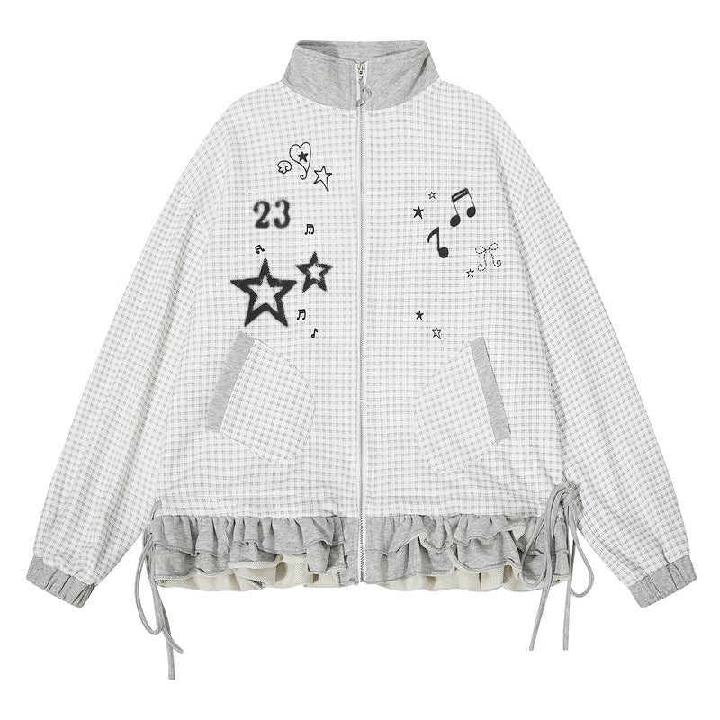 Checkered patchwork jacket with star drawstring cardigan jacket
