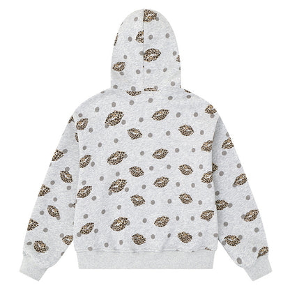 Retro leopard print red lipped women's floral gray hooded cardigan