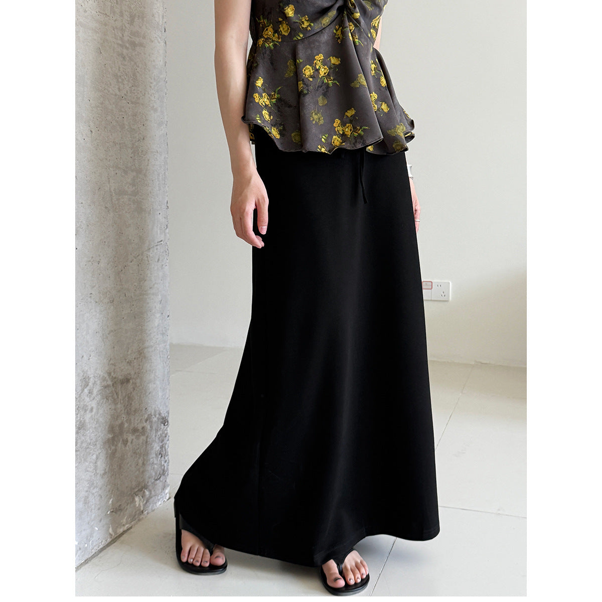 Straight A-line skirt, summer new high-waisted drawstring casual long skirt, fitted umbrella skirt