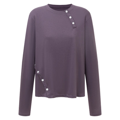 Grey purple diagonal breasted casual long sleeved top
