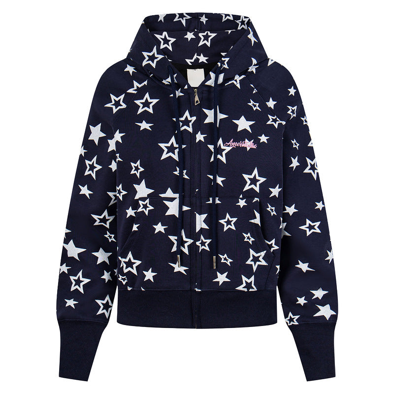 Retro star printed cardigan hoodie for women
