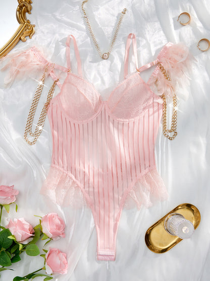 Lace patchwork vertical mesh U-shaped backless feather shaping one-piece outfit with a fun touch