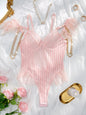 Lace patchwork vertical mesh U-shaped backless feather shaping one-piece outfit with a fun touch