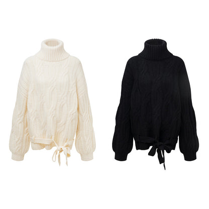 High neck twisted flower hem tied with a headband thick sweater