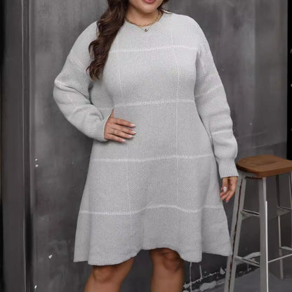 Fall Winter Knit Dress Striped Color Block Round Neck Long Sleeve Women's Plus Size Dress