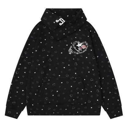 Light gray slanted collar hoodie with musical notes and heart embroidery