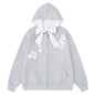 Light grey hooded zipper sweatshirt jacket with bow tie