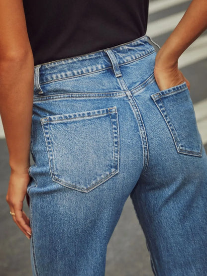 High Waisted Straight Leg Rolled Jeans
