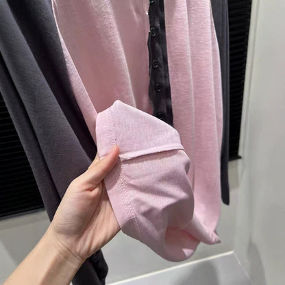 Color Block Splicing Long Sleeve Round Neck Women's T-Shirt