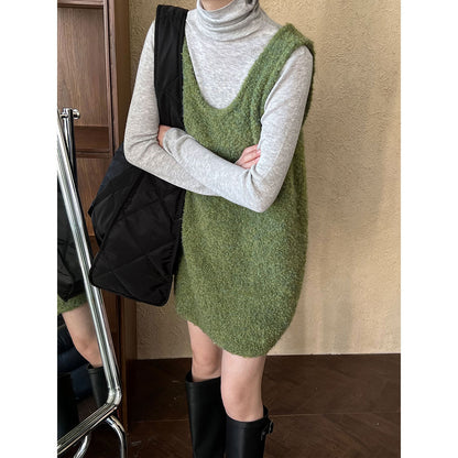 U-neck Loose Slimming Layered Wool Knit Sweater Dress