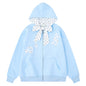 Light grey hooded zipper sweatshirt jacket with bow tie