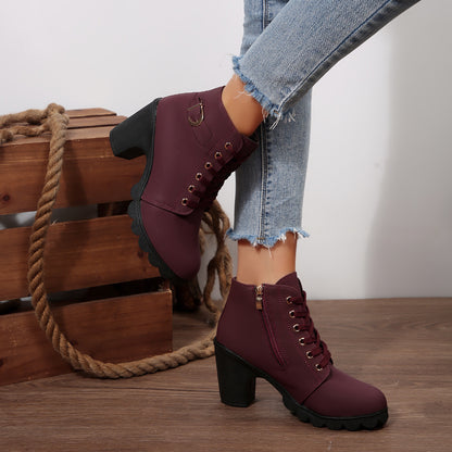 Chunky Heel Women's Leather Boots Low Cuff Round Toe High Heel Lace-Up Style with Heightening and Slimming Effect