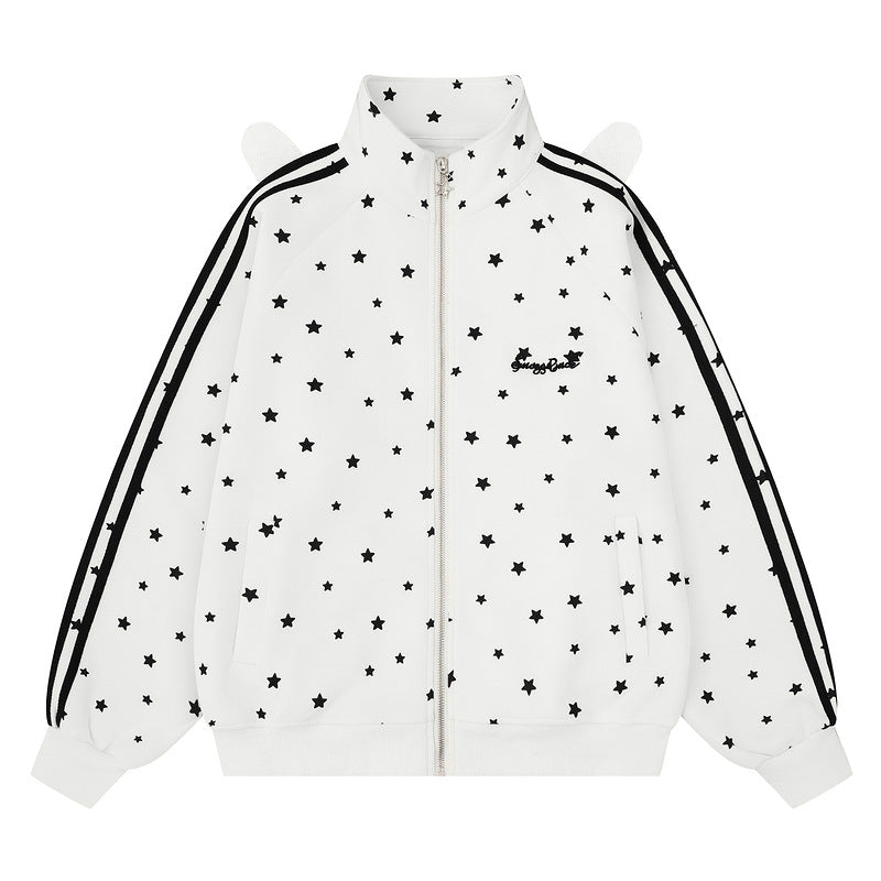 Full printed white star light gray standing collar zipper hoodie