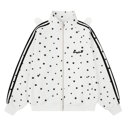 Full printed white star light gray standing collar zipper hoodie