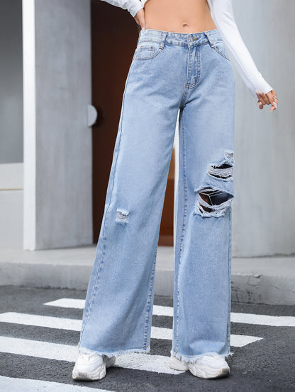 Distressed Raw Hem Wide Leg Jeans