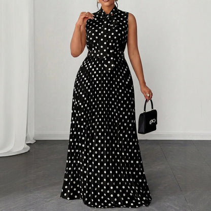 Polka Dot Sleeveless Tie Waist Midi Dress