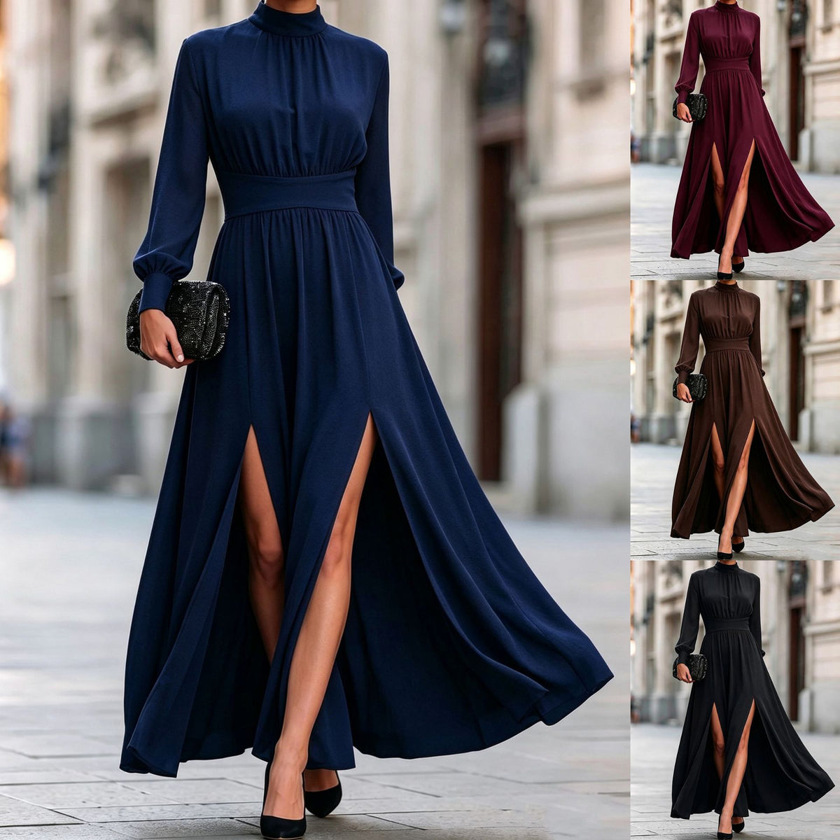 Stylish High-Waisted Long Dress with Stand-Up Collar, Long Sleeves, Double Slit, and Flared Hem
