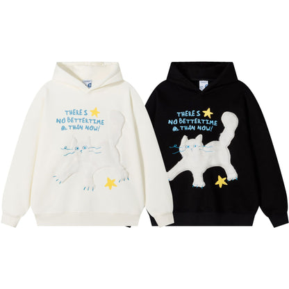 Plush cat hooded hoodie with adhesive fabric