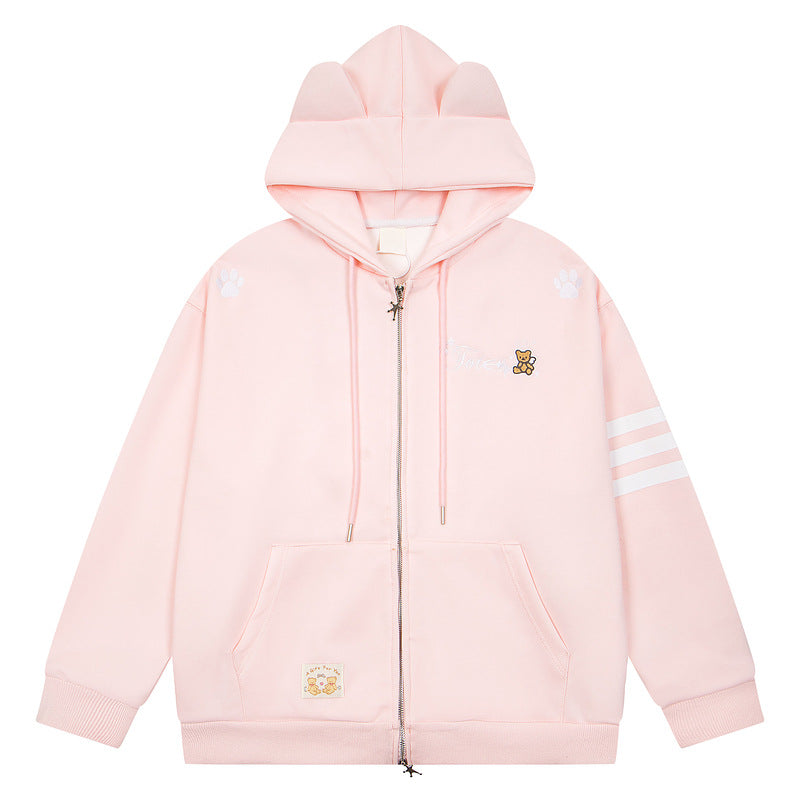Pink teddy bear embroidered three bar cardigan sweatshirt