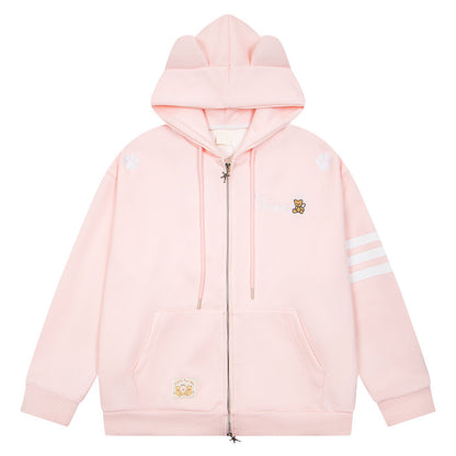Pink teddy bear embroidered three bar cardigan sweatshirt