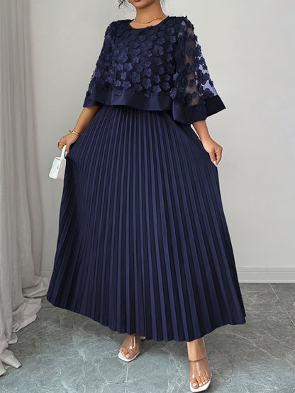 Elegant Plus Size Mesh Tulle Cape Spliced Midi Dress