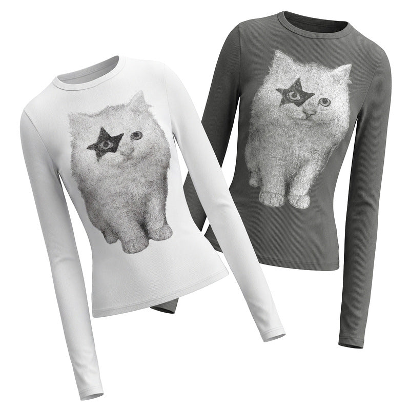 White round neck slim fit long sleeved T-shirt for women