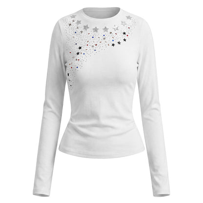 White star studded bead long sleeved base shirt for women
