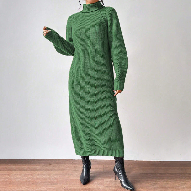 Fashionable Knit Dress for Women, Long Sleeve, High Neck, Crewneck, Solid Color, Long Length, Inner Layer Dress