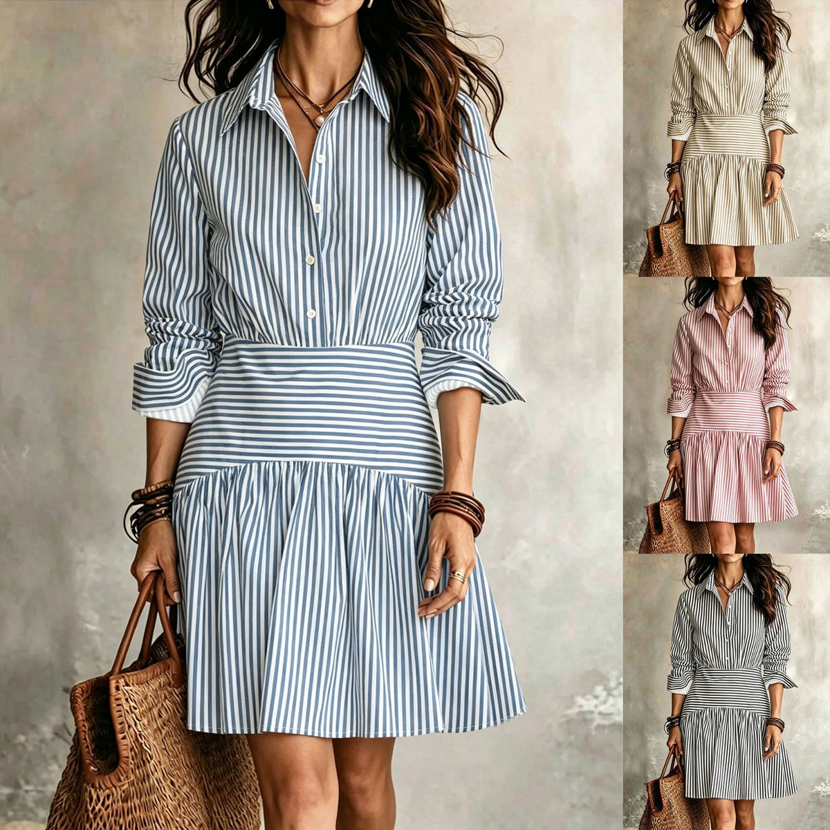 Elegant Fitted Ruffle Hem Long Sleeve Collar Stripe Shirt Dress Mini Skirt