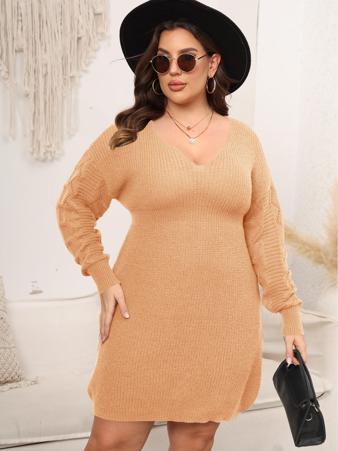 V-neck woven knit dress, fitted waist base layer dress, women's dress