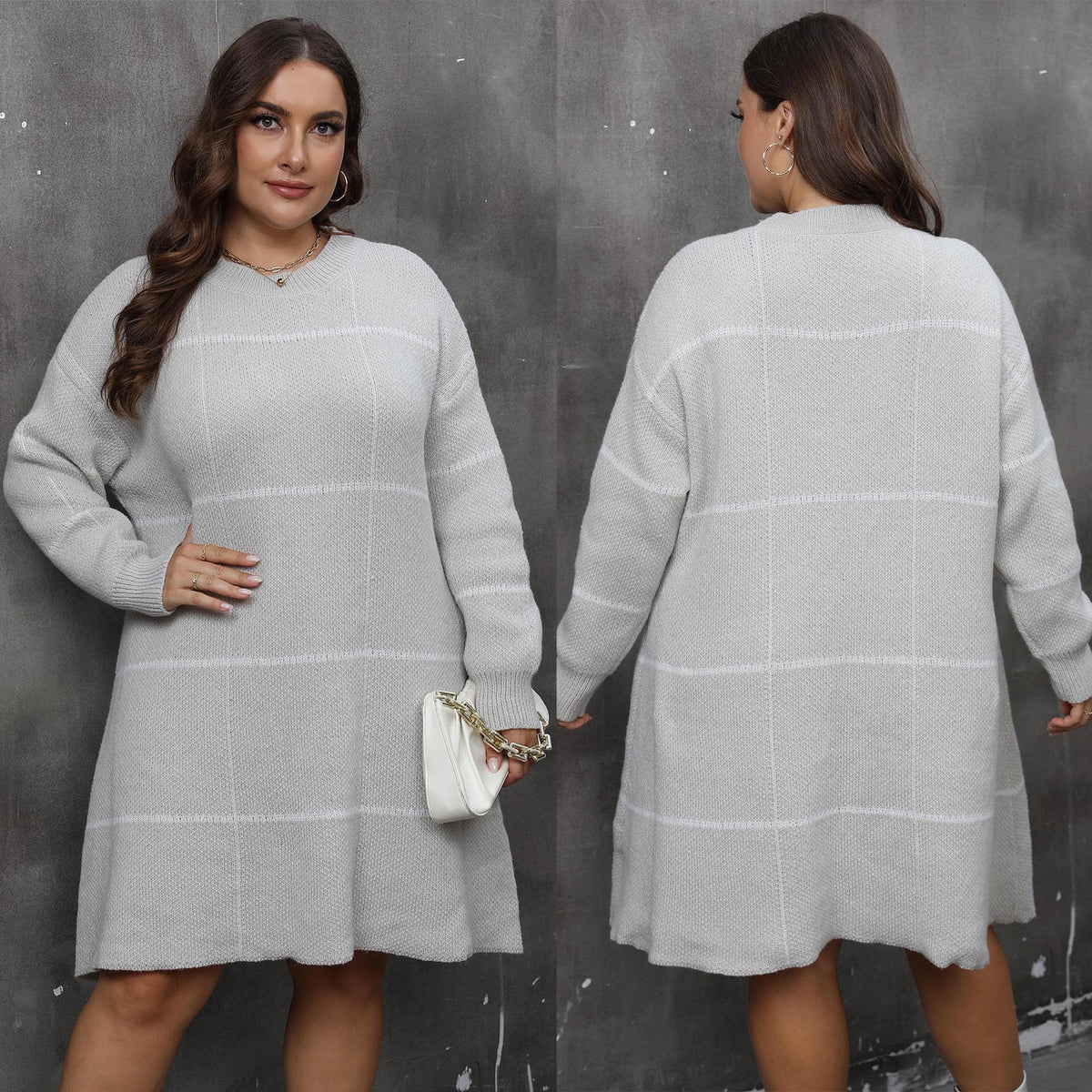 Fall Winter Knit Dress Striped Color Block Round Neck Long Sleeve Women's Plus Size Dress