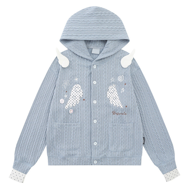 Light blue twisted flower hooded cardigan