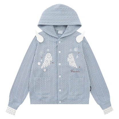 Light blue twisted flower hooded cardigan