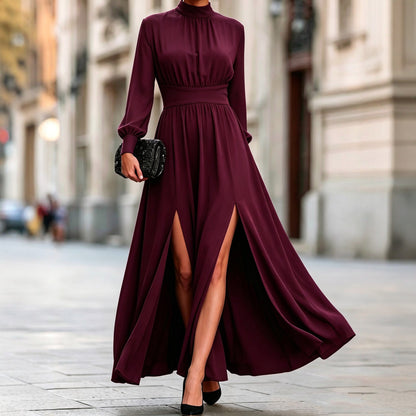 Stylish High-Waisted Long Dress with Stand-Up Collar, Long Sleeves, Double Slit, and Flared Hem