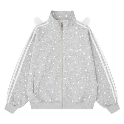 Full printed white star light gray standing collar zipper hoodie