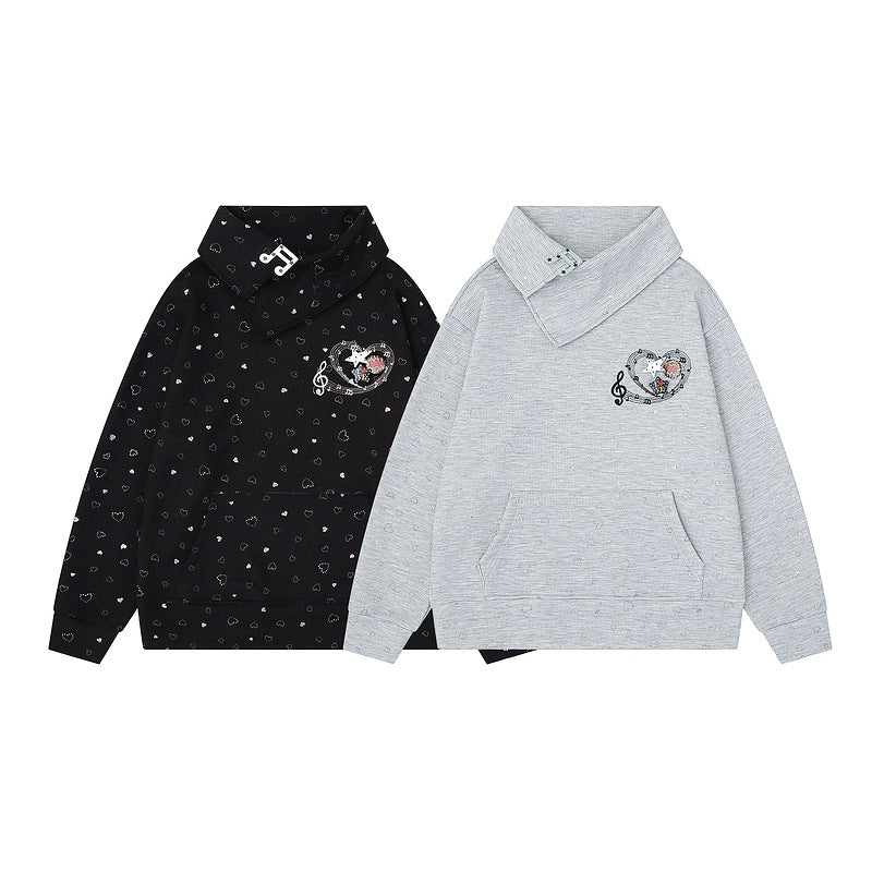 Light gray slanted collar hoodie with musical notes and heart embroidery