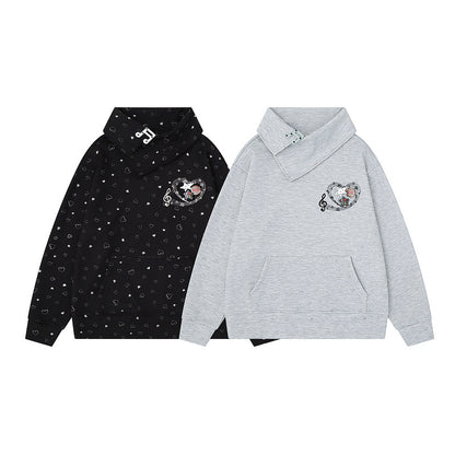 Light gray slanted collar hoodie with musical notes and heart embroidery