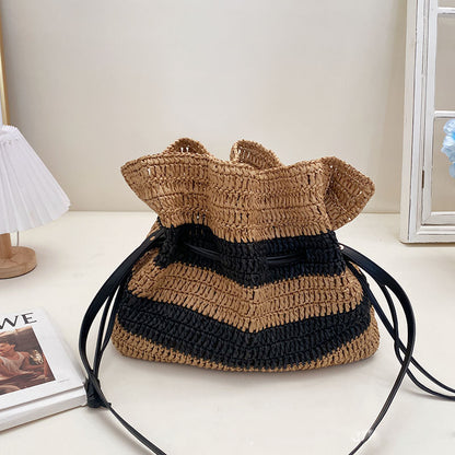 Stripe French Style Single Shoulder Straw Bag Large Capacity Tote Weaving Bag Beach Vacation Sand Bag