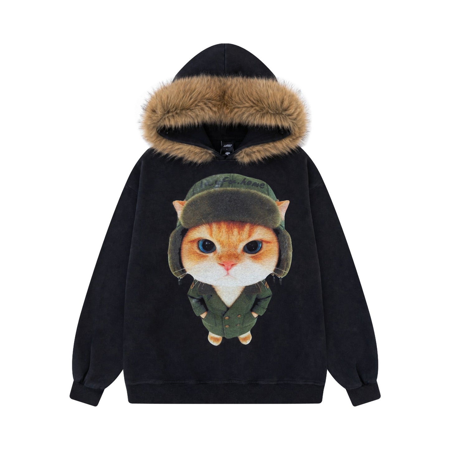 Military hat orange cat printed hoodie