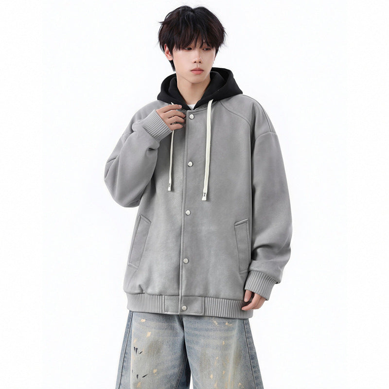 Men's  Hooded Leather Jacket Loose Fit Casual Faux Two-Piece Coat
