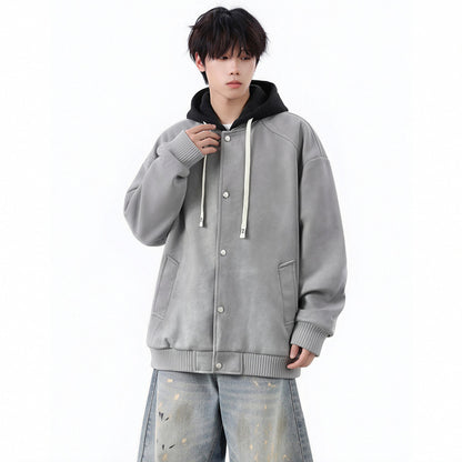 Men's  Hooded Leather Jacket Loose Fit Casual Faux Two-Piece Coat