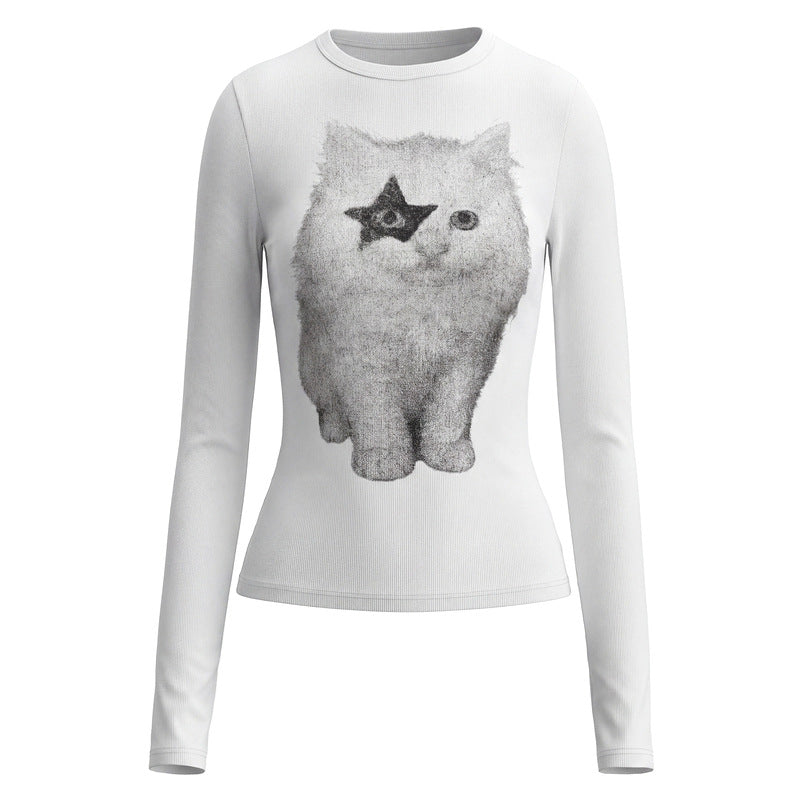 White round neck slim fit long sleeved T-shirt for women