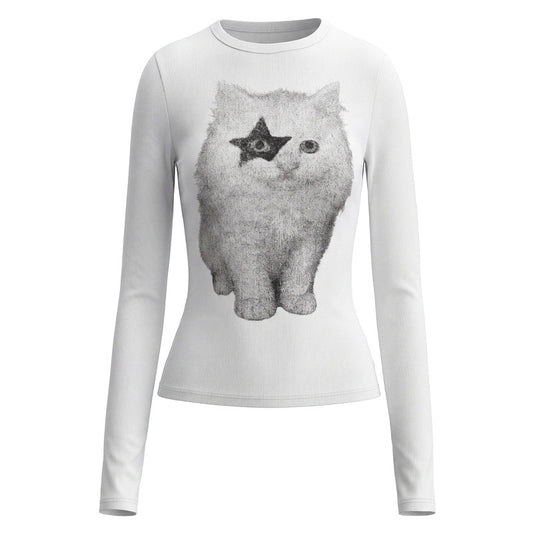 White round neck slim fit long sleeved T-shirt for women