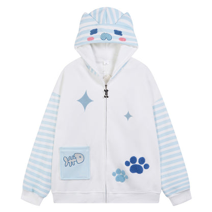 Hooded hoodie with fishbone claw print embroidered fabric striped patchwork jacket