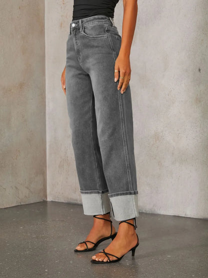 High Waisted Straight Leg Rolled Jeans